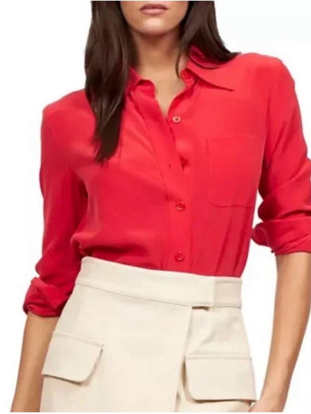Equipment femme silk long sleeve button down shirt top medium red career holiday
